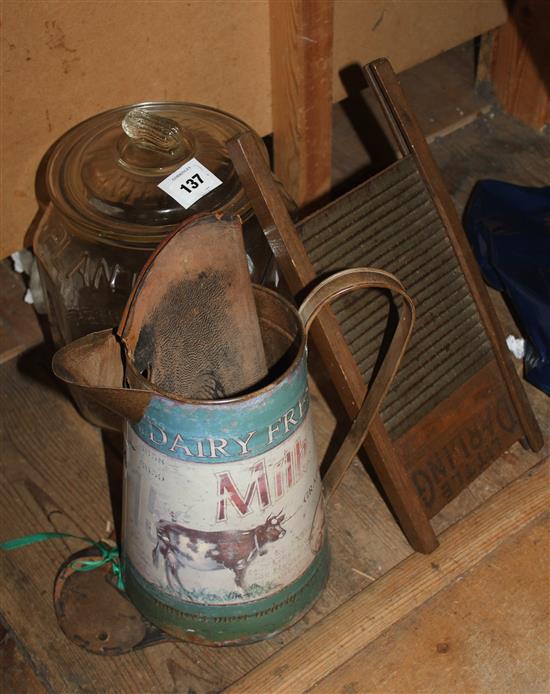 American Decoy duck, a washboard and an American glass peanut jar and cover(-)